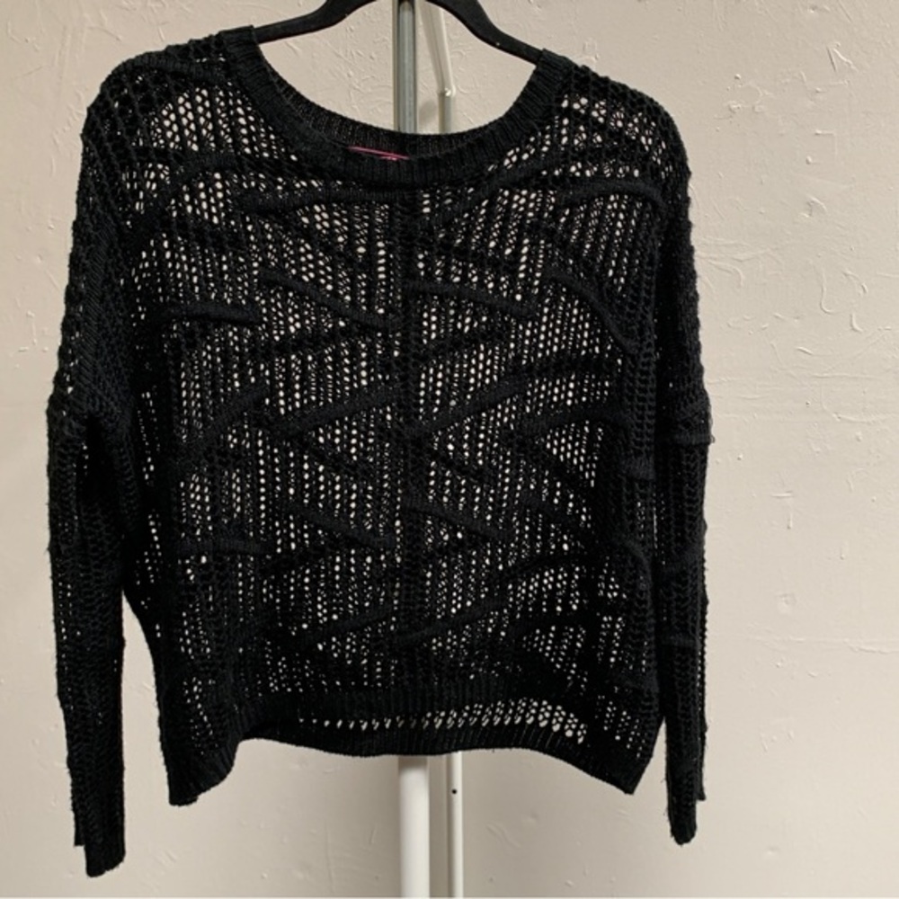Black open knit sweater zigzag design mesh cotton long sleeve Gothic grunge